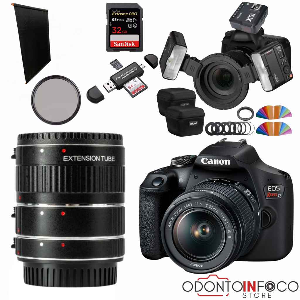 KIT 4 - CÂMERA CANON T7+ KIT MACRO ( TUBO + FILTRO DEDICADO ) + TWIN GODOX MF-12 + BLACKOUT - GARANTIA DE FÁBRICA
