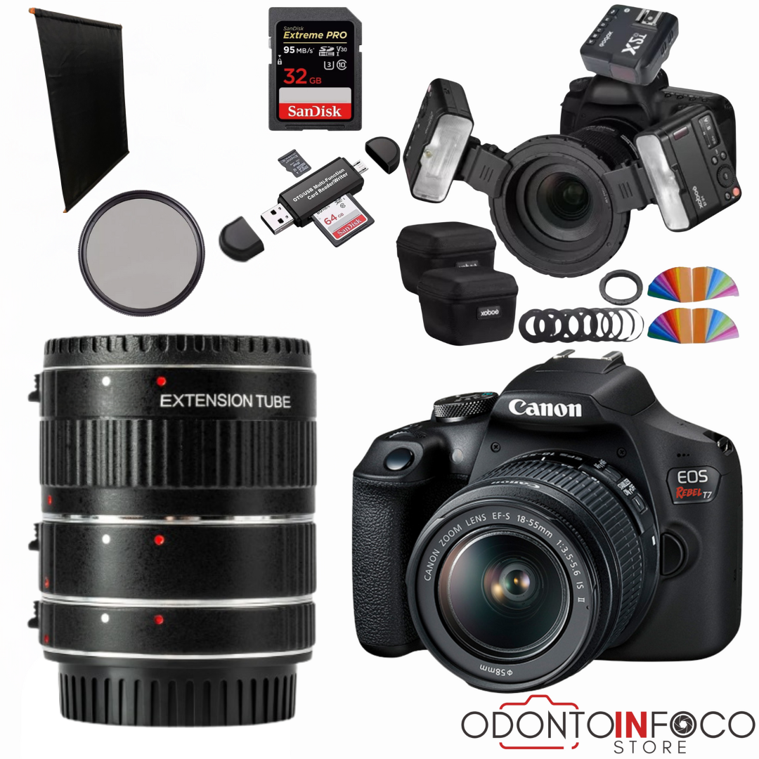 KIT 4 - CÂMERA CANON T7+ KIT MACRO ( TUBO + FILTRO DEDICADO ) + TWIN GODOX MF-12 + BLACKOUT - GARANTIA DE FÁBRICA