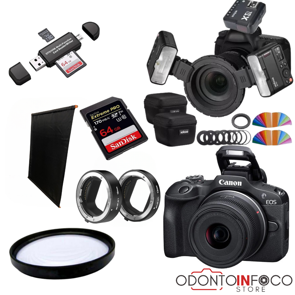 KIT 10- CÂMERA PROFISSIONAL R100 MIRRORLESS + KIT MACRO OU LENTE CANON RF 100MM + TWIN GODOX MF-12 ( GARANTIA DE FÁB.)