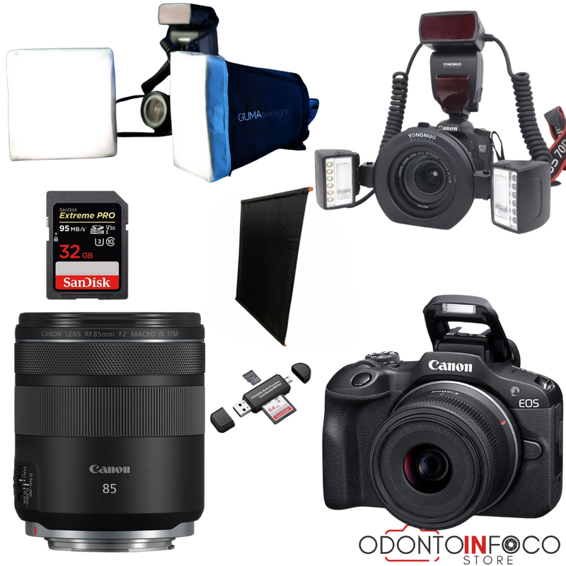 KIT 12- CÂMERA PROFISSIONAL R100 MIRRORLESS + LENTE  MACRO CANON 85MM OU RF 100MM + FLASH TWIN YONGNUO YN24EX  +  GUMA T