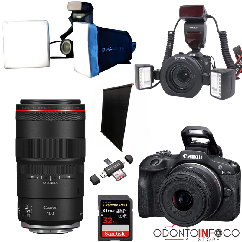 KIT 12- CÂMERA PROFISSIONAL R100 MIRRORLESS + LENTE  MACRO CANON 85MM OU RF 100MM + FLASH TWIN YONGNUO YN24EX  +  GUMA T
