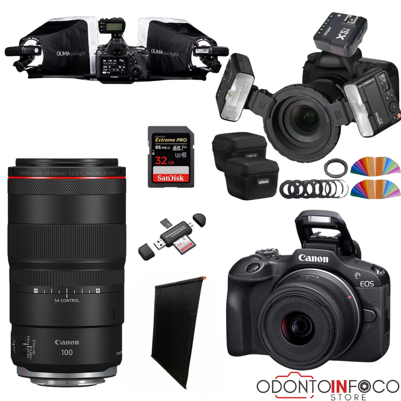 KIT 13-  CÂMERA PROFISSIONAL R100 MIRRORLESS + KIT MACRO OU RF 100MM +  TWIN GODOX + ESTÚDIO GUMA TWIN