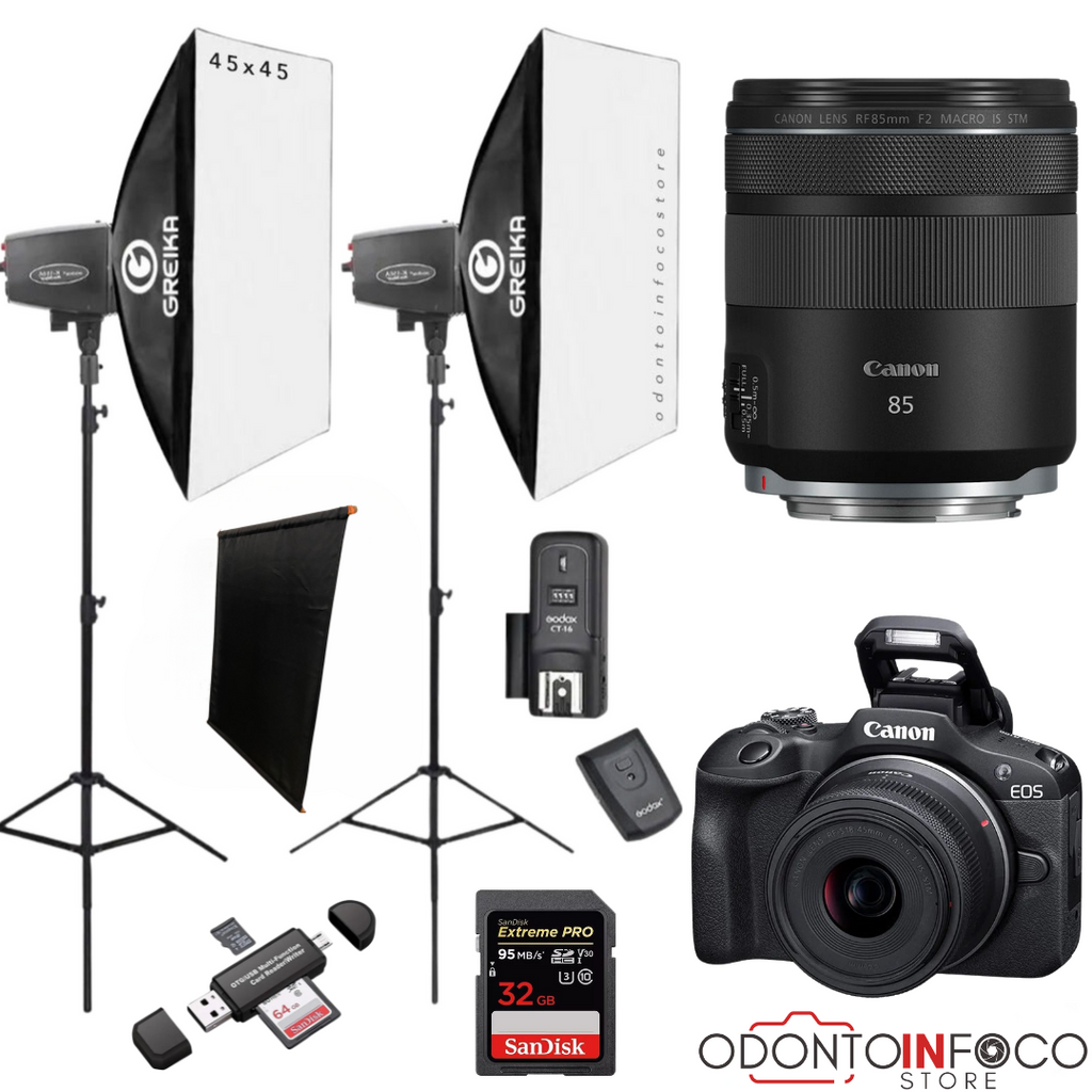 KIT 14 CÂMERA PROFISSIONAL R100 MIRRORLESS + LENTE MACRO CANON RF 85MM + ESTÚDIO FOTOGRÁFICO