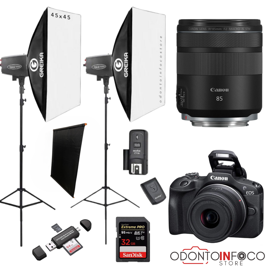 KIT 14 CÂMERA PROFISSIONAL R100 MIRRORLESS + LENTE MACRO CANON RF 85MM + ESTÚDIO FOTOGRÁFICO