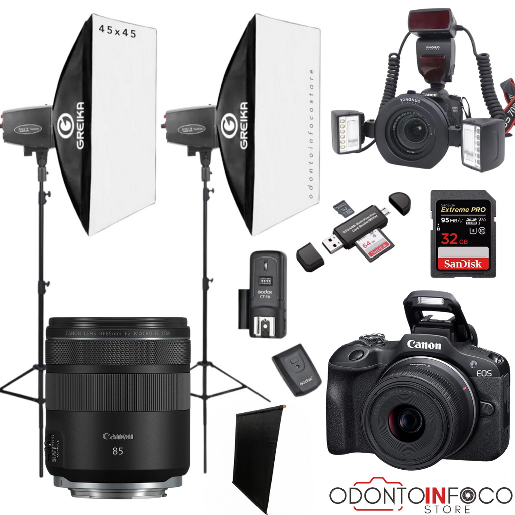 KIT 16 - CÂMERA PROFISSIONAL R100 MIRRORLESS + LENTE MACRO CANON RF 85MM + EST. FOTOGRÁFICO + FLASH YONGNUO