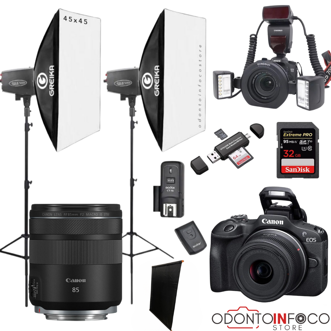 KIT 16 - CÂMERA PROFISSIONAL R100 MIRRORLESS + LENTE MACRO CANON RF 85MM + EST. FOTOGRÁFICO + FLASH YONGNUO