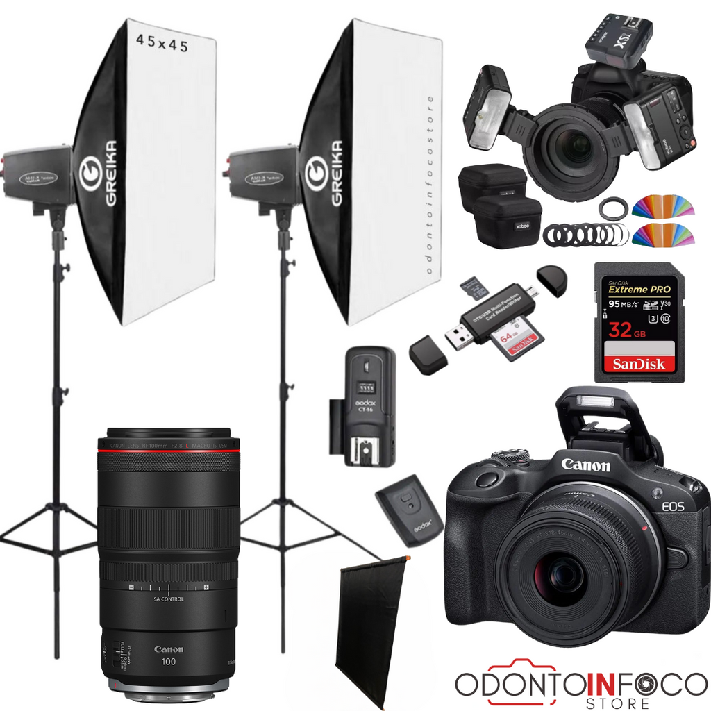 KIT 18 - CÂMERA PROFISSIONAL R100 MIRRORLESS + LENTE MACRO CANON RF 100MM + ESTÚDIO FOTOGRÁFICO + FLASH TWIN GODOX MF-12