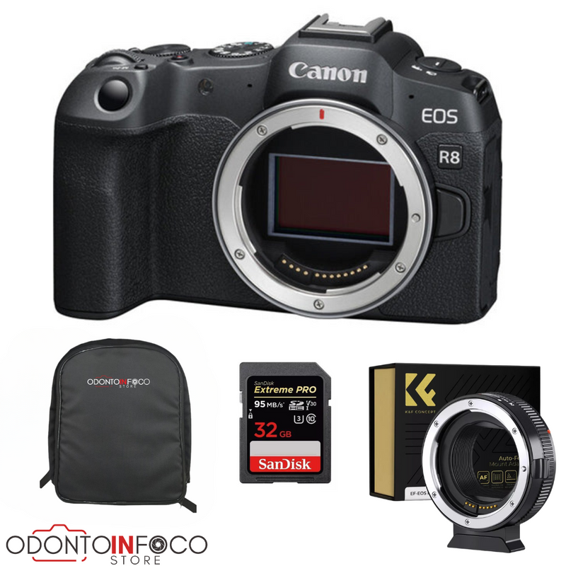 KIT CÂMERA CANON EOS R8  + CARD DE MEMÓRIA  + ADAP. LENTE CANON EF/EF-S PARA RF + MOCHILA ( GARANT. DE FÁBRICA ).
