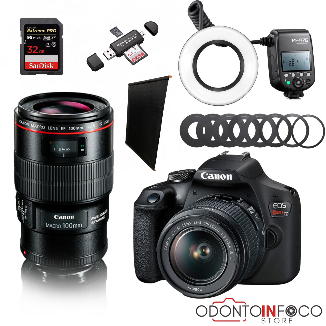 KIT 6 - CÂMERA PROFISSIONAL CANON T7+ LENTE MACRO CANON EF 100MM + FLASH CIRCULAR GODOX + BLACKOUT - GARANTIA DE FAB