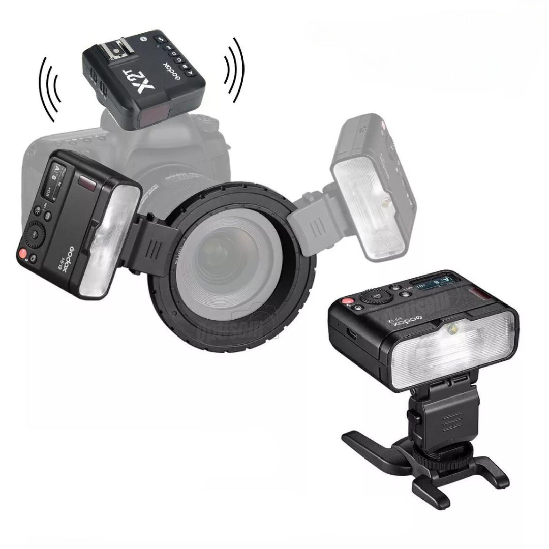 FLASH P/CANON MF12 MACRO TWIN GODOX + FUNDO BLACKOUT SLIM + PILHAS RECARRAGÁVEIS INDICADAS PARA O EQUIPAMENTO.