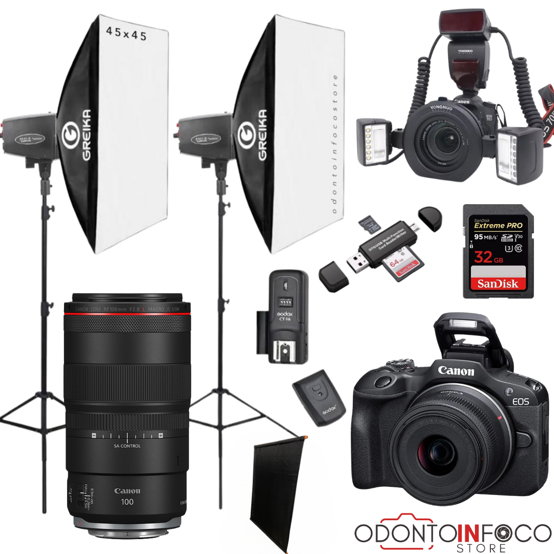 KIT 17 - CÂMERA PROFISSIONAL R100 MIRRORLESS + LENTE MACRO CANON RF 100MM + EST. FOTOGRÁFICO + FLASH YONGNUO